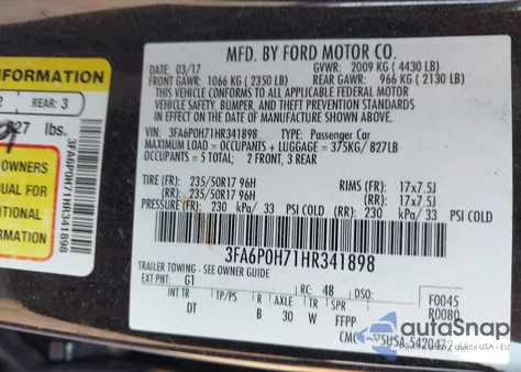 2017 Ford Fusion Se z USA, uszkodzony, nr VIN 3FA6P0H71HR341898